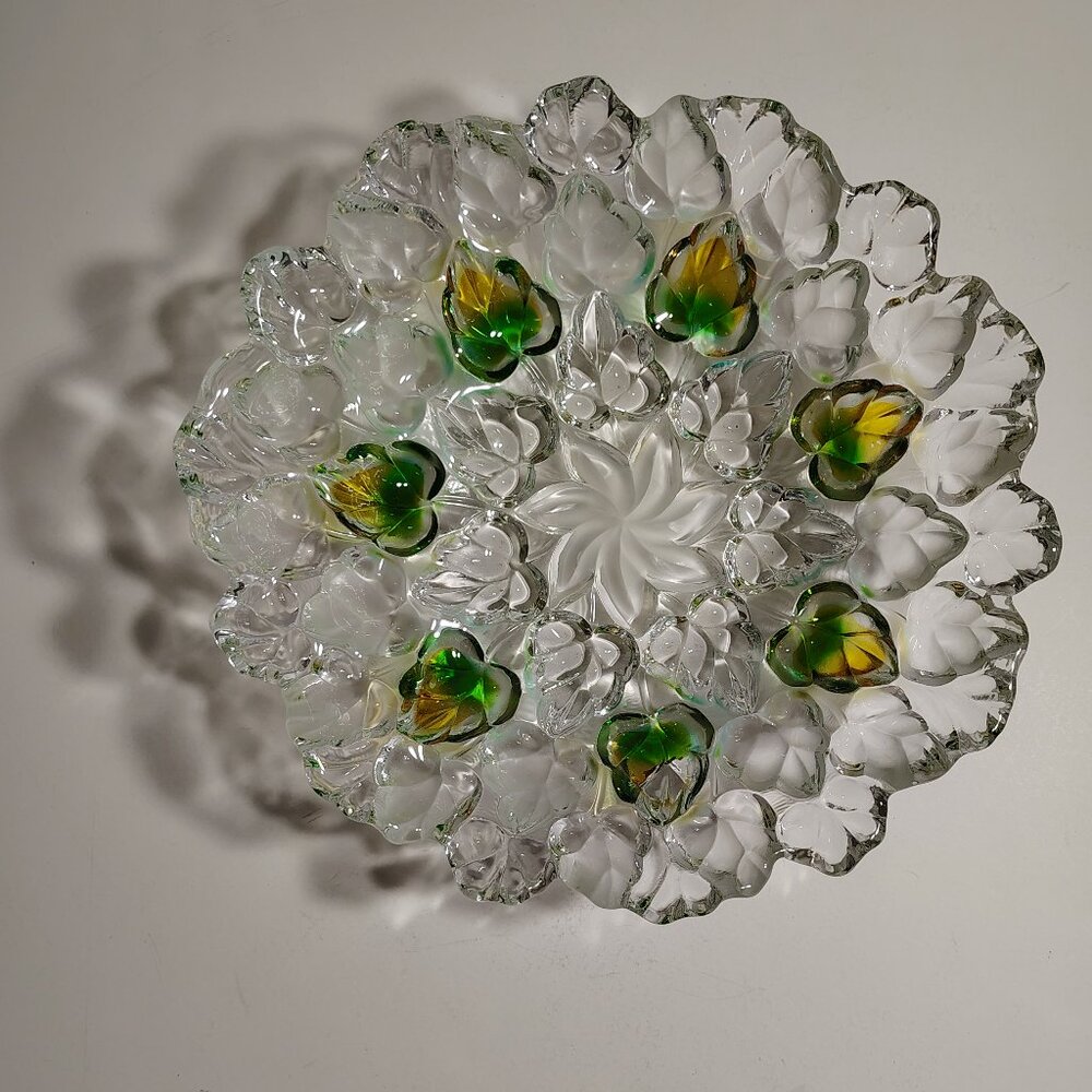 Studio Nova frosted art glass bowl with a green and amber leaf motif